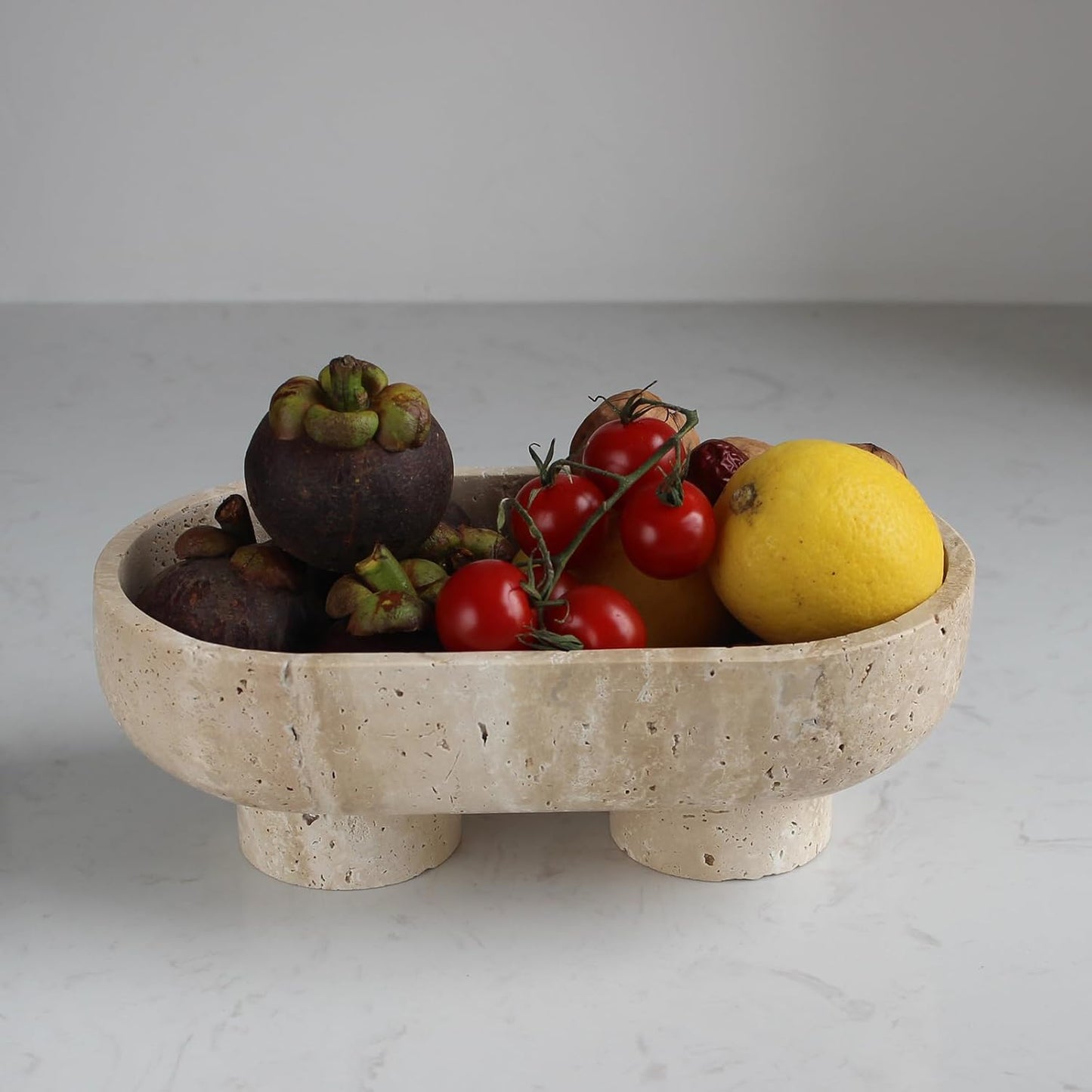 Oval Travertine Fruit Bowl | Decorative Stone Bowl | Kitchen Counter Fruit Holder | Pedestal Centerpiece Bowl | Home Décor Storage Bowl - PuriLite