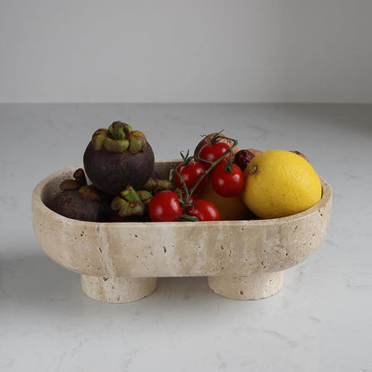 Oval Travertine Fruit Bowl | Decorative Stone Bowl | Kitchen Counter Fruit Holder | Pedestal Centerpiece Bowl | Home Décor Storage Bowl - PuriLite