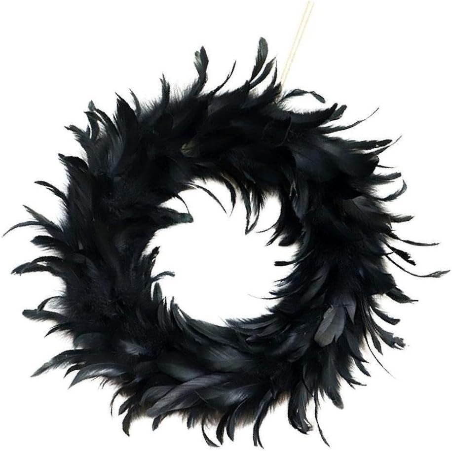 IKEEYUIS Spooky Black Feather Wreath Halloween Cocktail Front Door Hanging Garland Decor