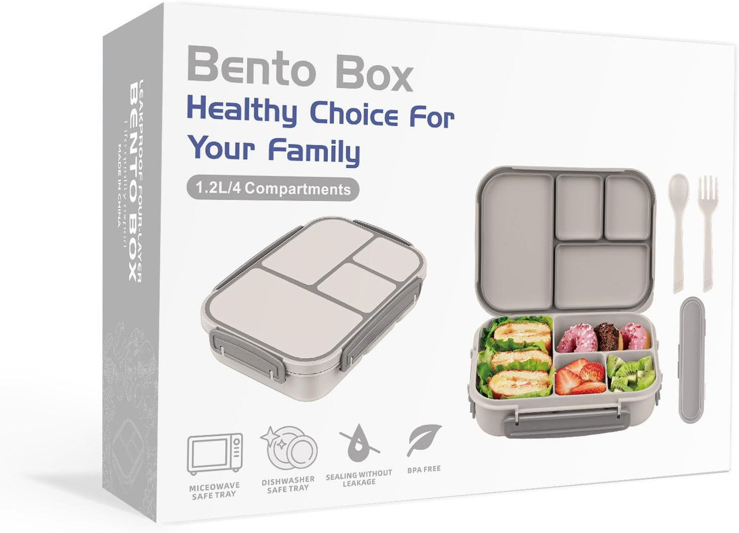 Amathley Lunch Box Kids,Bento Box Adult Lunch Box,Leakproof Lunch Containers for Adults/Kids/Toddler,1200ML-4 Compartments bento Lunch box with Utensil,Microwave & Dishwasher Safe(Dark Gray)