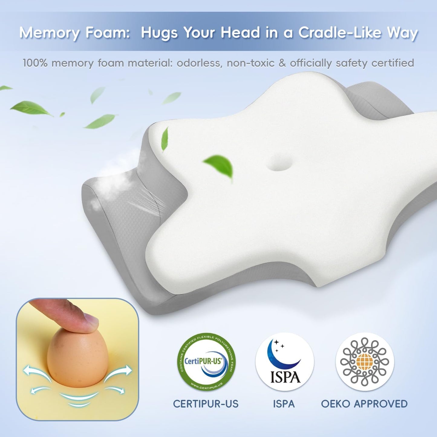 Cervical Neck Pillow,Memory Foam Pillows for Relieving Neck and Shoulder Pain, Neck Support Pillow for Side Sleepers, 2 Heights Ergonomic Pillow with Breathable Ice Silk Cover White