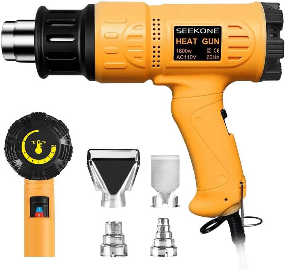 SEEKONE Heat Gun 1800W 122℉-1202℉（50℃- 650℃） Fast Heating Heavy Duty Hot Air Gun Kit Variable Temperature Control Overheat Protection with 4 Nozzles for Crafts, Shrinking PVC, Stripping Paint(5.2FT)