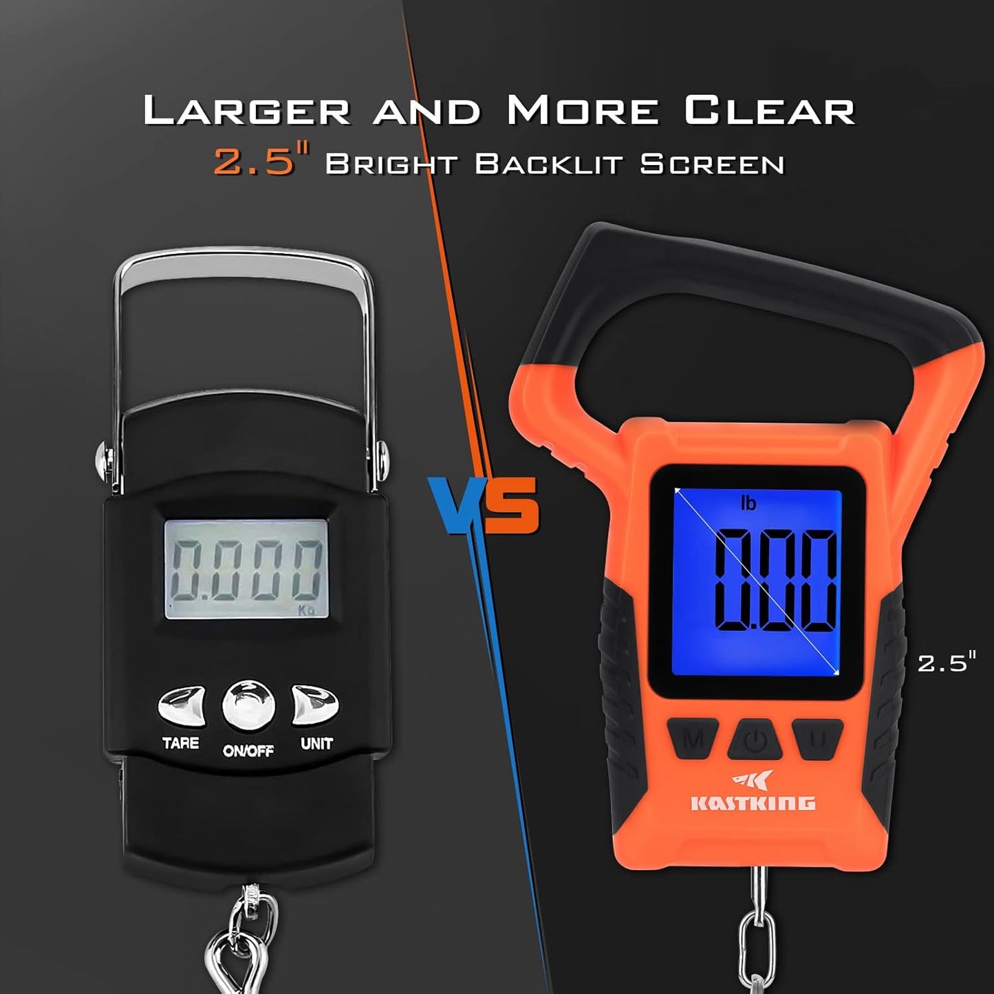 KastKing Fish Scale, WideView Floating Waterproof Digital Scale with No-Puncture Lip Gripper, 2.5” Large LCD Display, 110lb Capacity, Stores up to 9 Weights, Orange