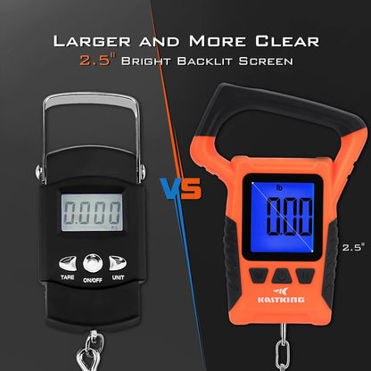 KastKing Fish Scale, WideView Floating Waterproof Digital Scale with No-Puncture Lip Gripper, 2.5” Large LCD Display, 110lb Capacity, Stores up to 9 Weights, Orange