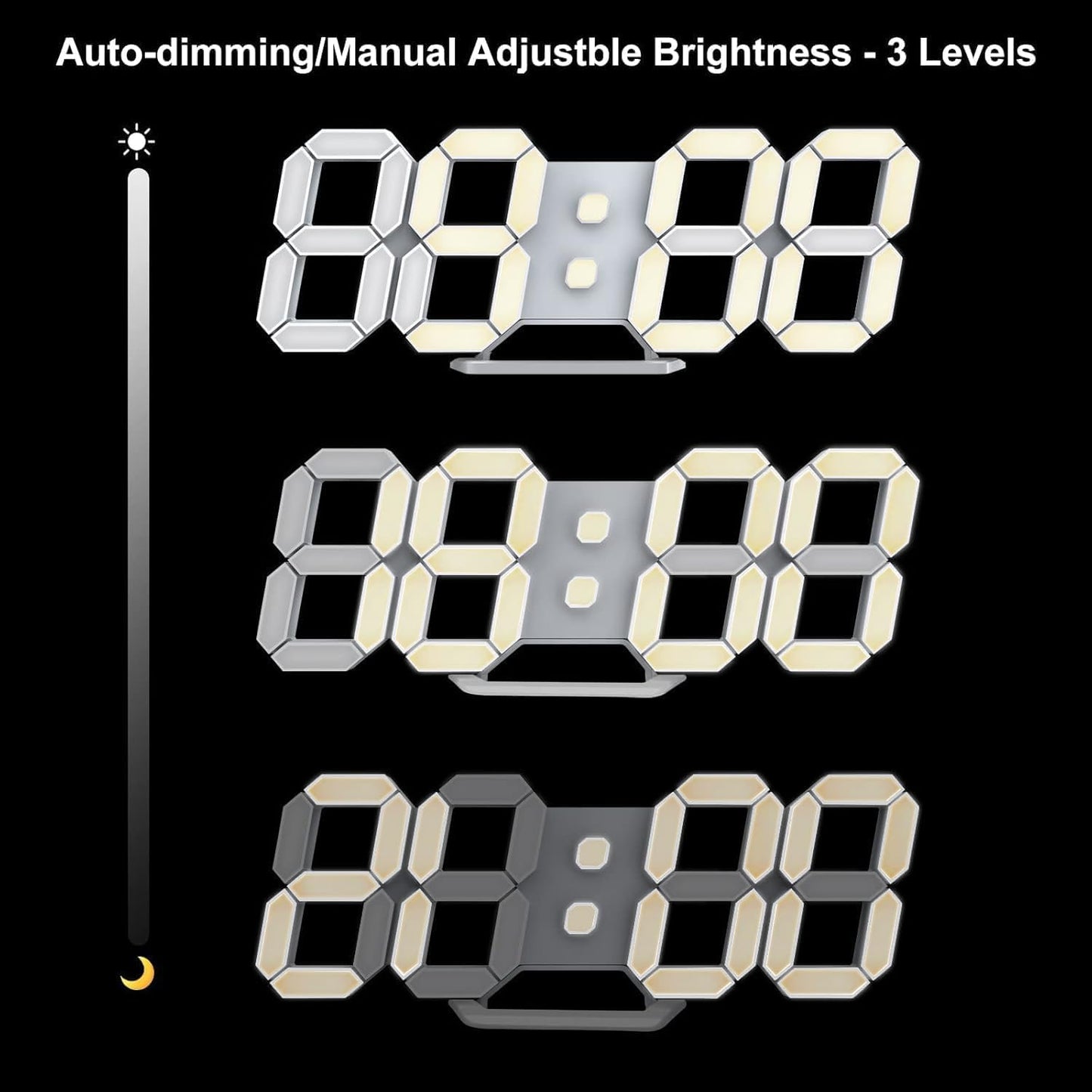 Deeyaple 3D LED Digital Wall Clock Modern Alarm Clock Adjust Brightness 12/24 Time Date Temperature Silent Snooze USB Night Light Remote Control Kitchen Bedroom Living Room Small 9.7 inch White