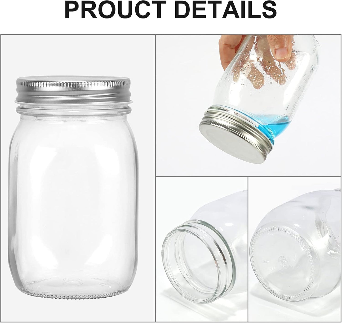 16oz Mason Jars with Airtight Screw Lids, 6 Pack 500ml Storage Glass Jars for Fruits,Jams,Drink Favors,Spice,Baby Foods,DIY Candles