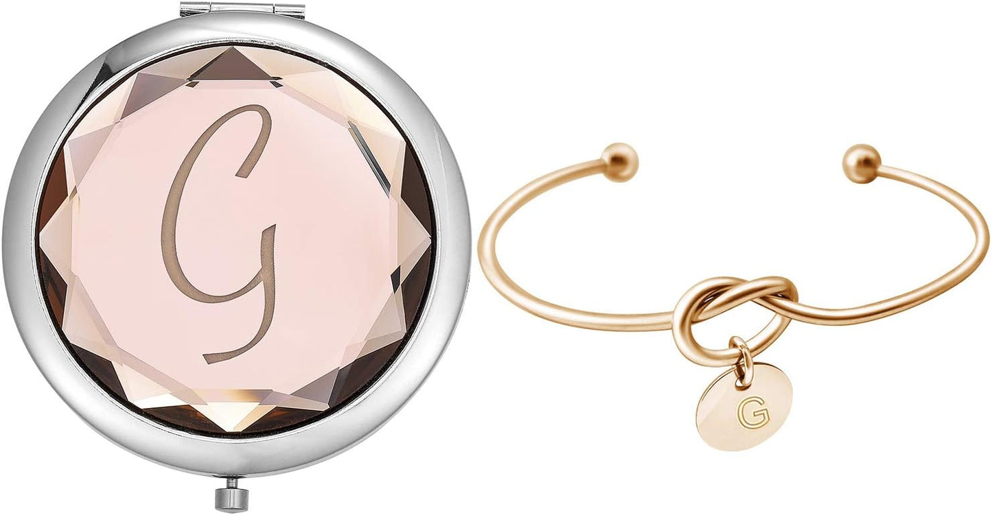 Compact Crystal Pocket Makeup Mirrors Set - Letter Mirror and Love Knot Bracelets for Bachelorette Party, Bridesmaid Proposal, Wedding Gifts (Champagne-B)