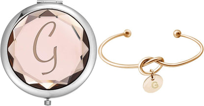 Compact Crystal Pocket Makeup Mirrors Set - Letter Mirror and Love Knot Bracelets for Bachelorette Party, Bridesmaid Proposal, Wedding Gifts (Champagne-B)