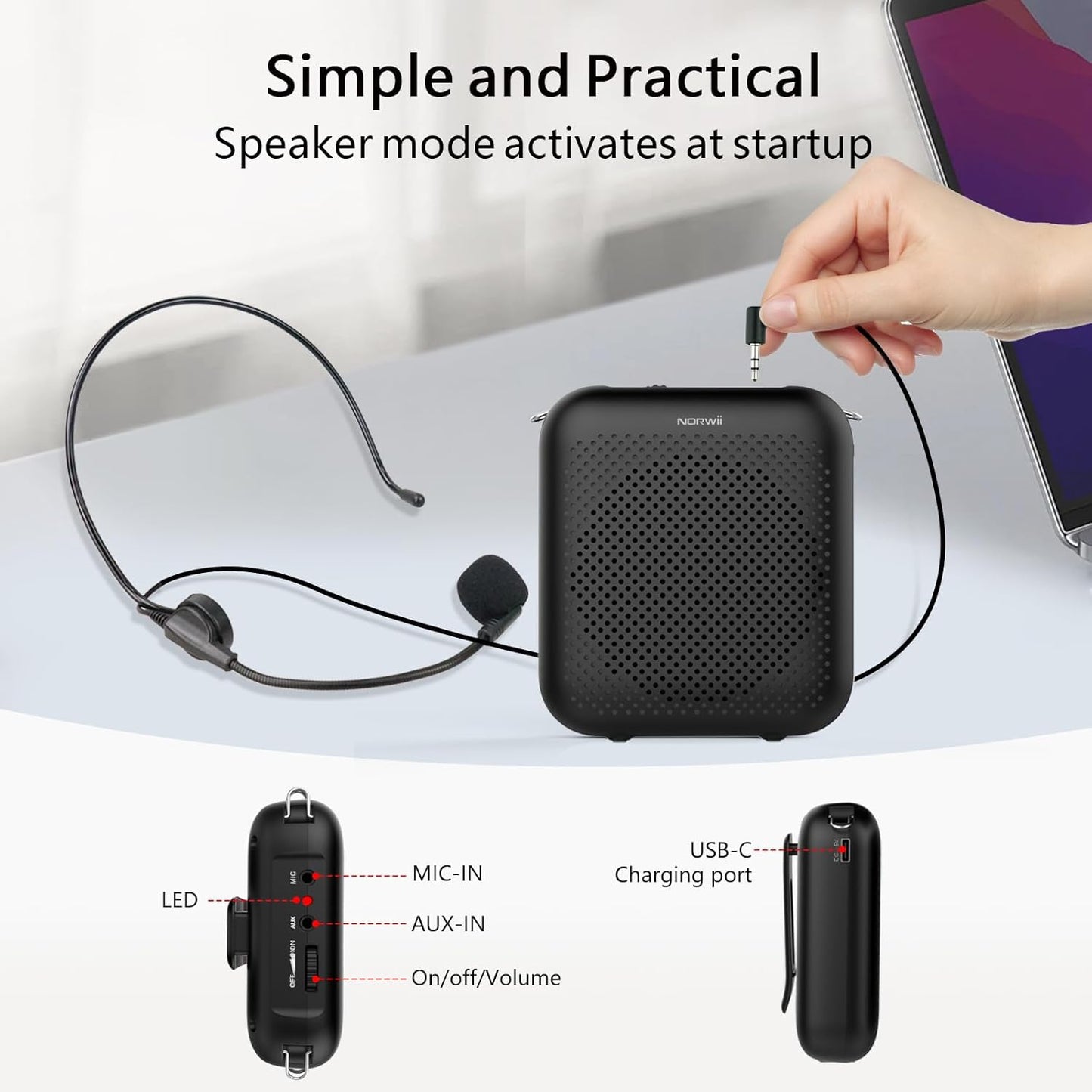 NORWII Mini Voice Amplifier S358 Portable 4000mAh Rechargeable with Wired Microphone Headset & Waistband, Personal Microphone and Speaker for Teachers Tour Guides ect. (Black)