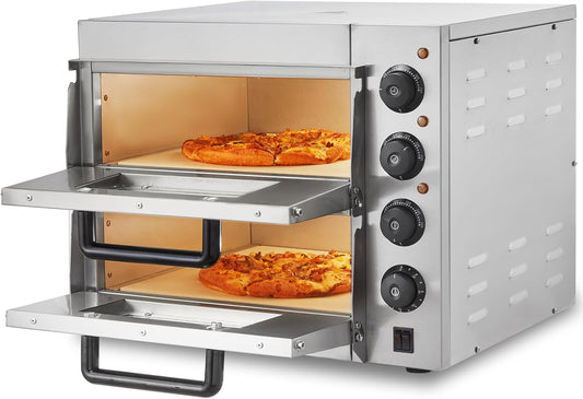 Commercial Countertop Pizza Oven, 14-Inch Dual-Layer Design, Stainless Steel Electric Pizza Maker with Stone and Handle, Versatile Indoor Baking Appliance for Home and Restaurant Use