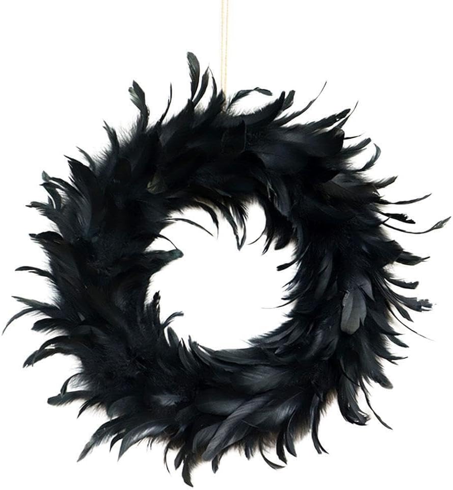 IKEEYUIS Spooky Black Feather Wreath Halloween Cocktail Front Door Hanging Garland Decor