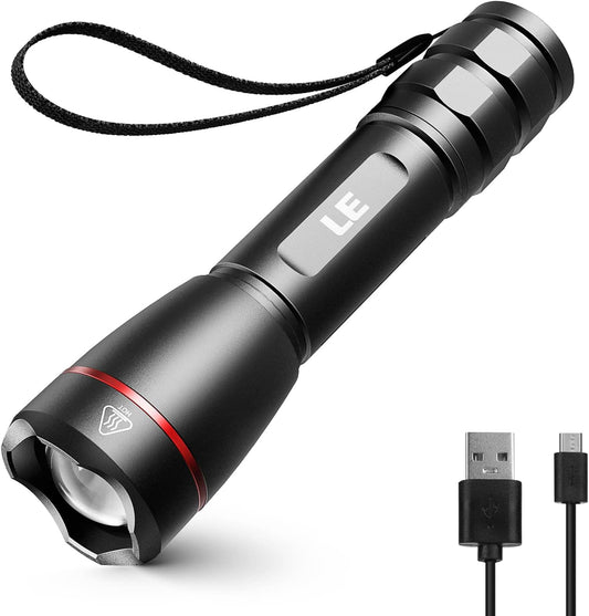LE Rechargeable Flashlight, LED Flashlight 1000lm USB Tactical Flashlight Rechargeable Ultra Bright, Waterproof Flashlight with 5 Lighting Modes, Zoomable LED Torch Light for Camping, Running, Walking