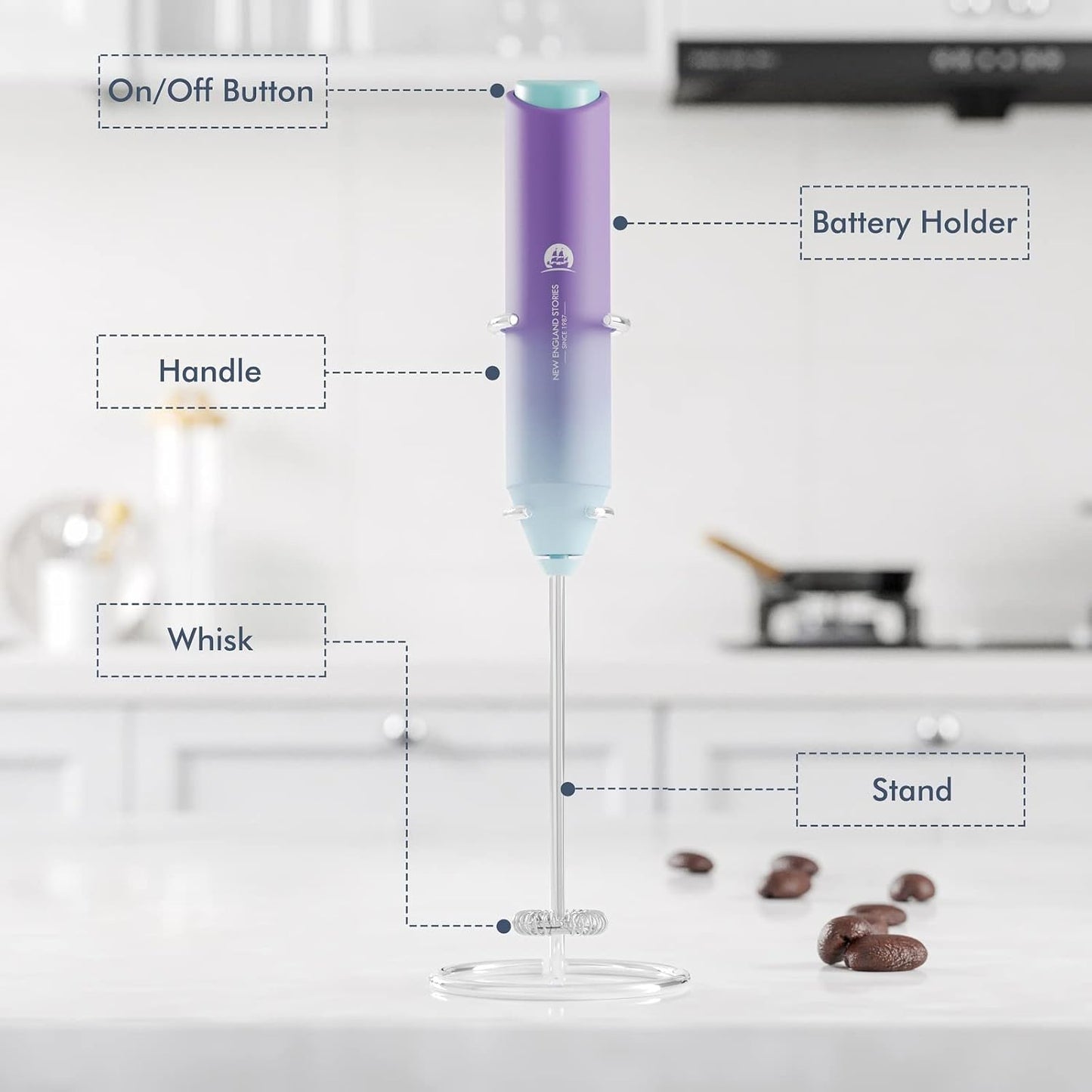 Powerful Milk Frother Handheld Foam Maker, Mini Whisk Drink Mixer for Coffee, Cappuccino, Latte, Matcha, Hot Chocolate, With Stand, Light Purple