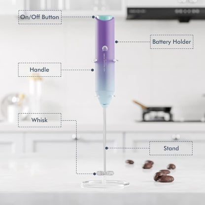 Powerful Milk Frother Handheld Foam Maker, Mini Whisk Drink Mixer for Coffee, Cappuccino, Latte, Matcha, Hot Chocolate, With Stand, Light Purple