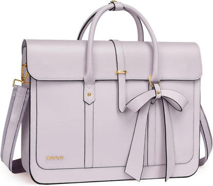 MOSISO Laptop Bag for Women, PU Leather Laptop Shoulder Bag Convertible Backpack, Work Travel Computer Bag with Bowknot - PuriLite