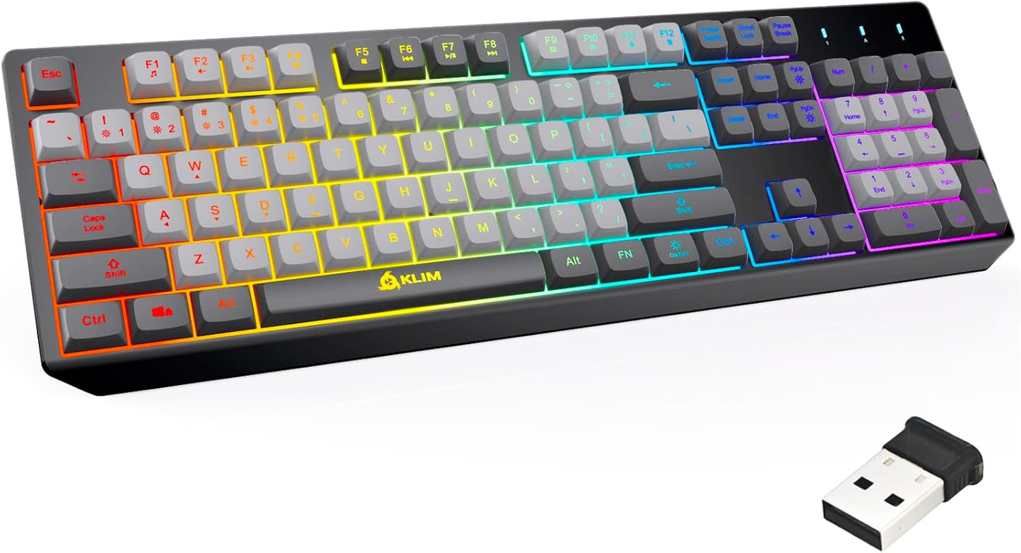 KLIM  Chroma Wireless Gaming Keyboard RGB New - Long-Lasting Rechargeable Battery - Quick and Quiet Typing - Water Resistant Backlit Wireless Keyboard for PC PS5 PS4 Mac - Black
