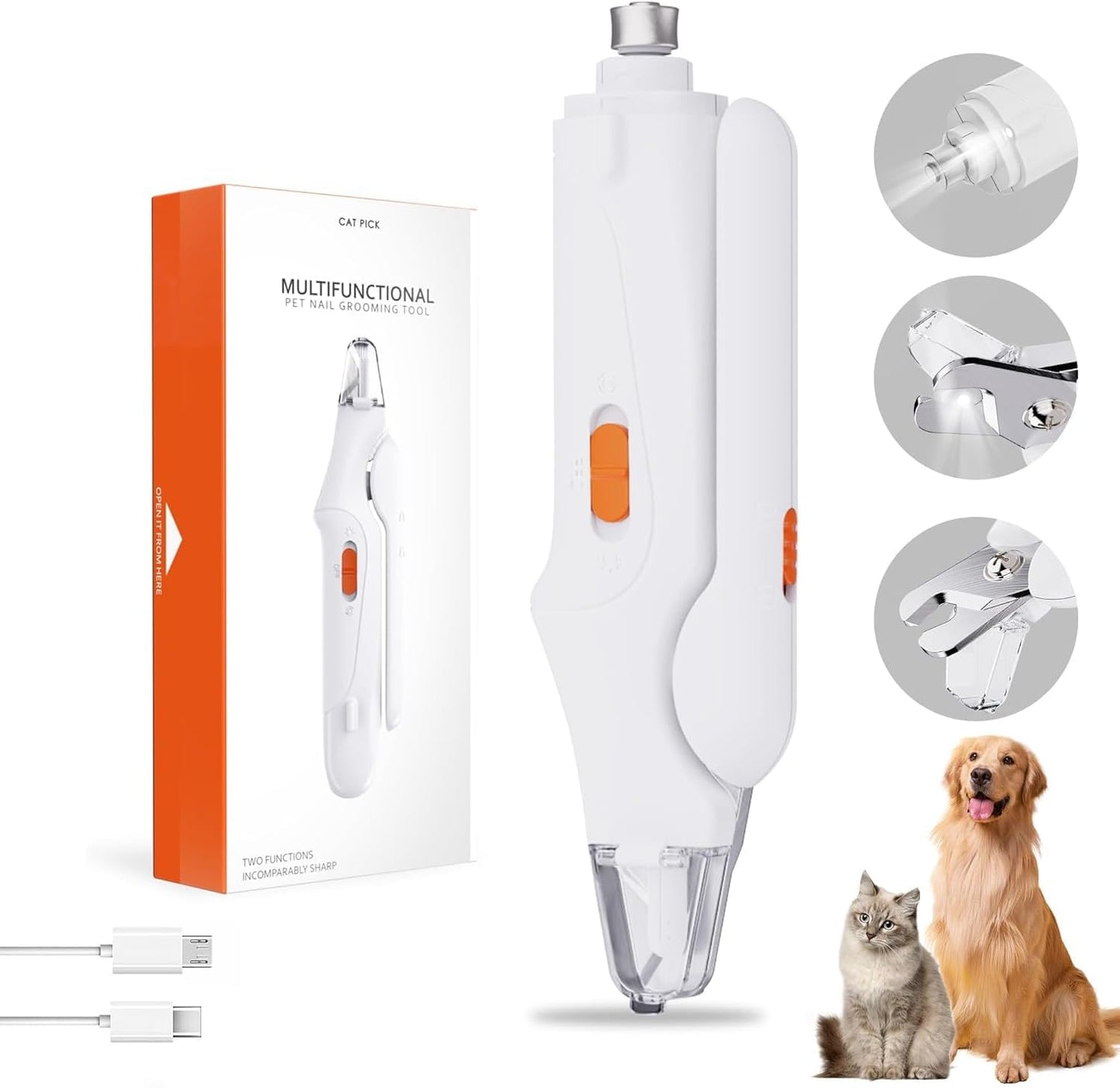 CATPICK 2-in-1 Cat Nail Clippers & Dog Nail Clippers Trimmers for Large Medium Small Dogs Cats Claw Trimmer Quick Sensor and Safety Guard USB Rechargeable with 2 LED Lights Dogs Nail Trimmer