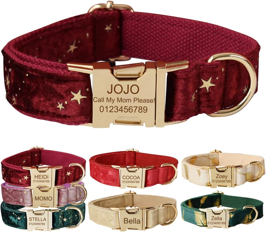 Custom Dog Collar with Metal Buckle - Pet Collars Personalized with Name and Phone Number (Plaid)