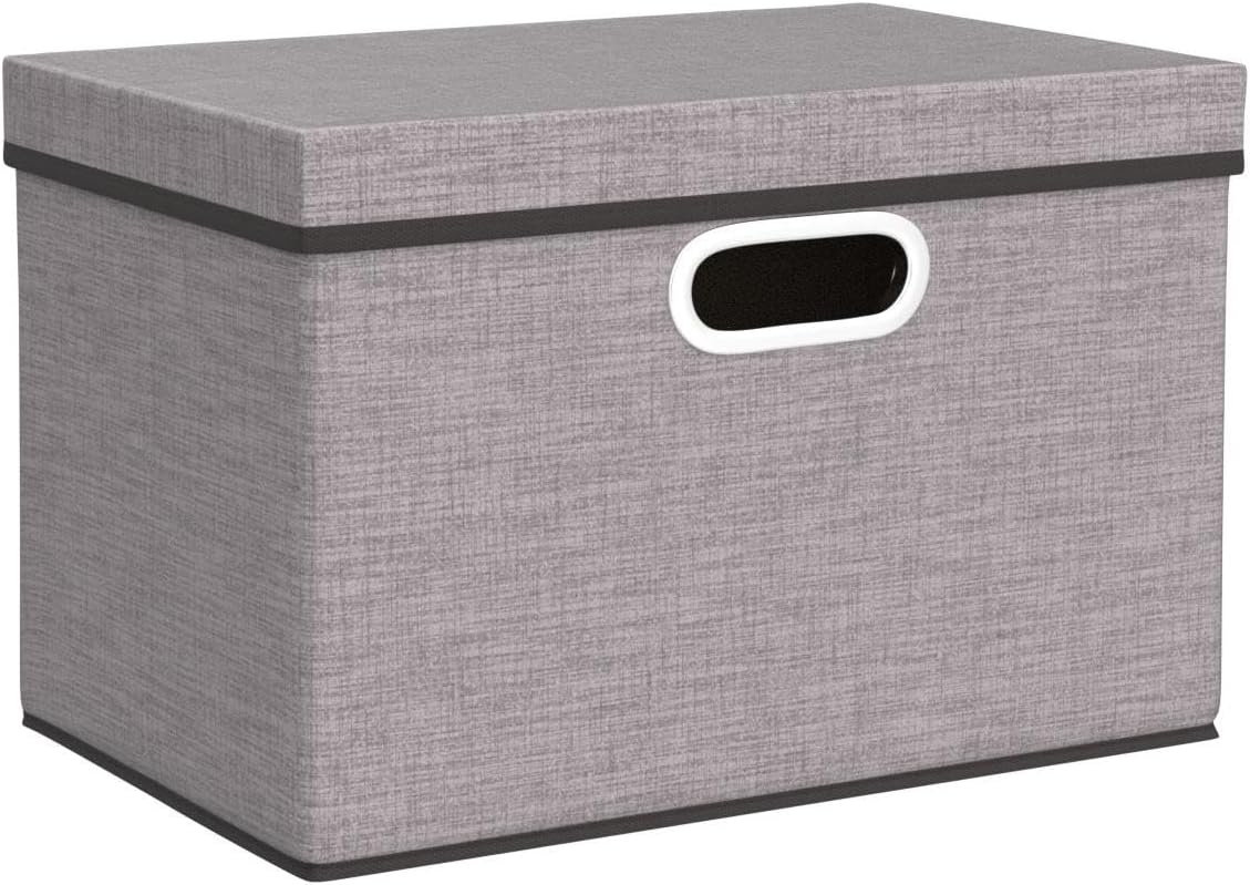 PRANDOM Large Foldable Storage Bin with Lid [1-Pack] Linen Fabric Decorative Storage Box Organizer Containers Basket Cube with Handles Divider for Bedroom Closet Office Living Room (17.7x11.8x11.8")
