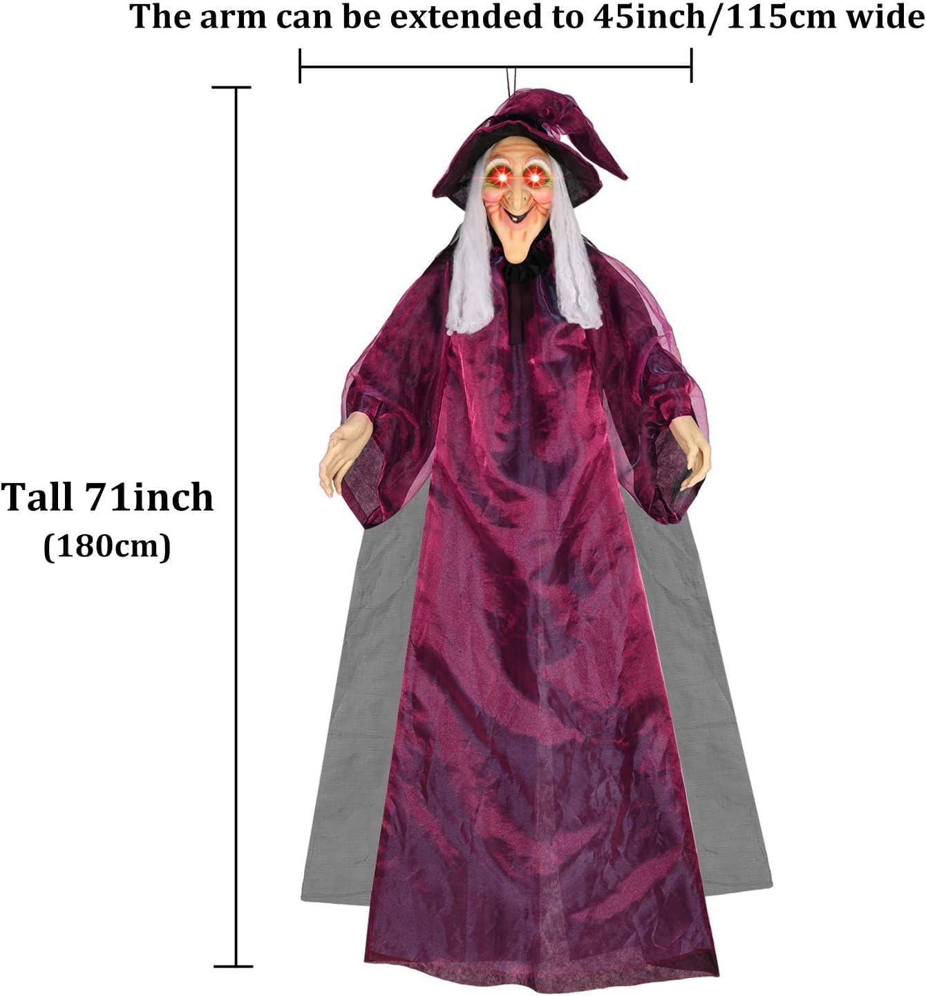 AYOGU 71" Life Size Hanging Talking Witch Halloween Decor, Evil Witch, Sound Activation and Red Eye for Outdoor & Indoor, Halloween Decoration Realistic Creepy Party Decor - PuriLite
