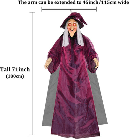 AYOGU 71" Life Size Hanging Talking Witch Halloween Decor, Evil Witch, Sound Activation and Red Eye for Outdoor & Indoor, Halloween Decoration Realistic Creepy Party Decor - PuriLite