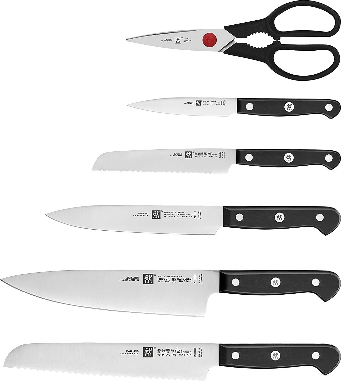 ZWILLING Gourmet 7-Piece Self Sharpening Block Set | Set Contains : 4" Paring | 6" Utility | 5" Tomato/Utility | 8" Bread | 8" Chef | Twin L Multi-Purpose Scissors
