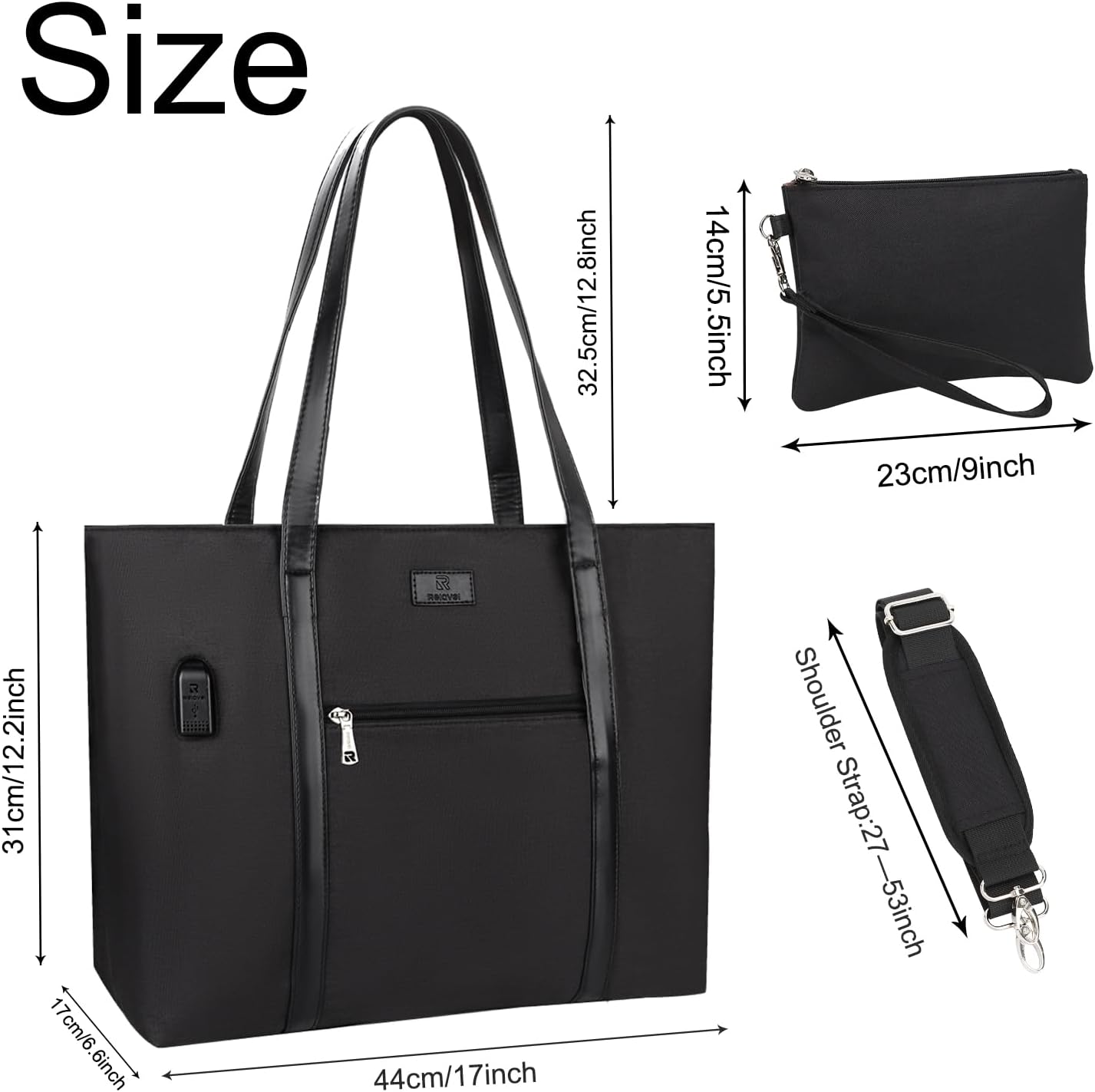 Laptop Bag for Women 17.3 Inch Laptop Tote Bag Large Work Tote Bag Waterproof Work Bag Teacher Bag with USB Charging Port Computer Tote Bag Nylon Handbag Satchel Shoulder Bag(17.3 inch, Black) - PuriLite