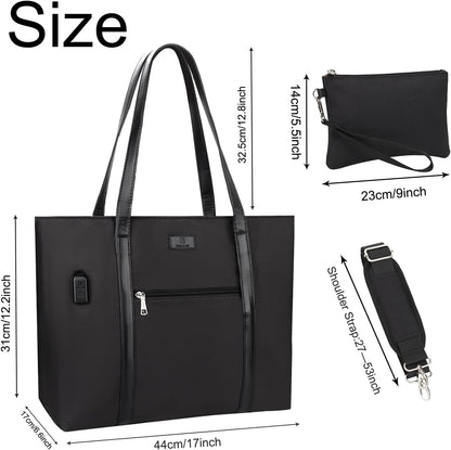 Laptop Bag for Women 17.3 Inch Laptop Tote Bag Large Work Tote Bag Waterproof Work Bag Teacher Bag with USB Charging Port Computer Tote Bag Nylon Handbag Satchel Shoulder Bag(17.3 inch, Black) - PuriLite