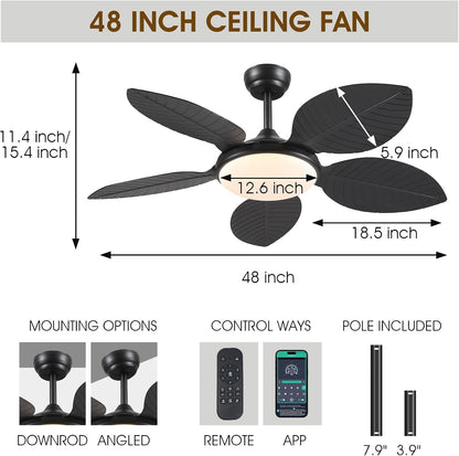 Wiviniya Ceiling Fans with Lights and Remote/APP Control, 44 Inch Tropical Palm Leaf Ceiling Fan with LED Lights, Outdoor Ceiling Fans for Patios Porch, Reversible Quiet Motor, Dimmable, Light Brown