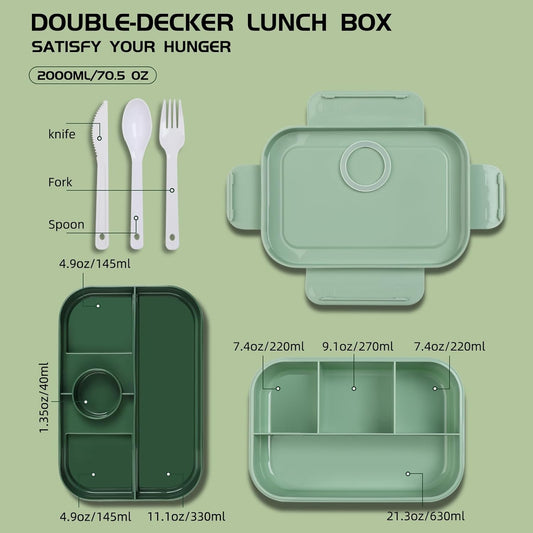 Bento Box Adult Lunch Box, Stackable Lunch Box for Adults Kids 2-Layer 2000 ML Lunch Containers with 3 Cutlery, Food Containers for Work School Picnic,Microwave Safe - Green - PuriLite