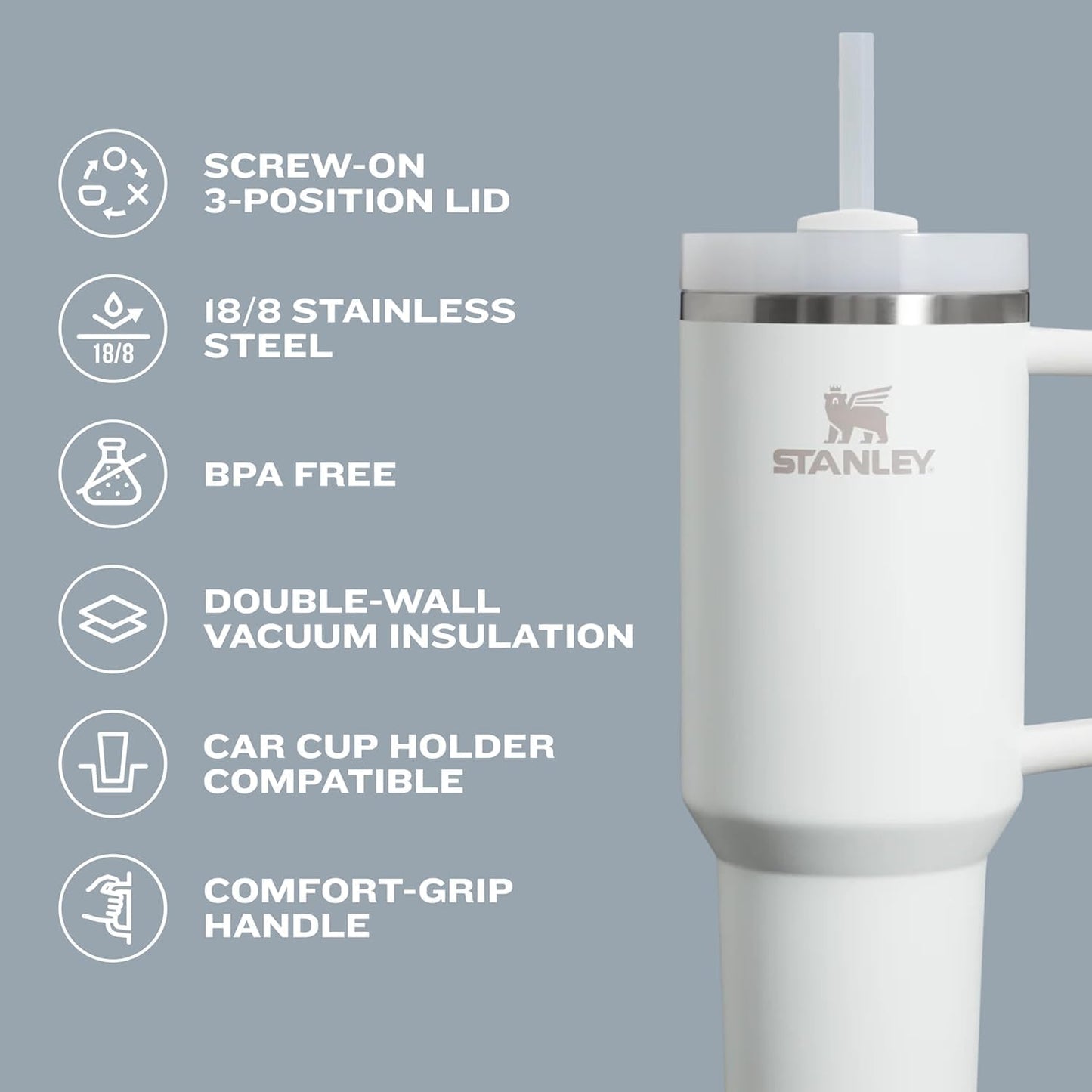 Stanley Quencher H2.0 Tumbler with Handle and Straw 30 oz | Flowstate 3-Position Lid | Cup Holder Compatible for Travel | Insulated Stainless Steel Cup | BPA-Free | Exclusive Lupine