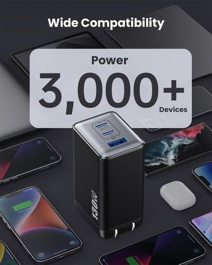 130W USB C Wall Charger,GaN III 3-Port Fast Charging Station,PD QC Foldable Charger Block Portable 65W USB C Laptop Adapter for MacBook Pro/Air,iPad Pro,Galaxy S23,Dell XPS 13,iPhone 15/Pro etc-Black