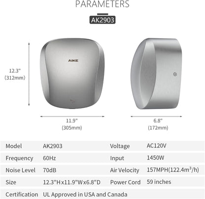 AIKE HEPA Filter Heavy Duty Commercial Hand Dryer 120V CUL Approved, Model AK2903 Brushed Stainless Steel Finish