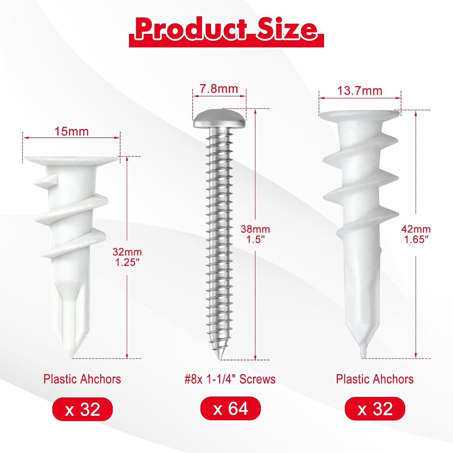Spuspk #8 Self Drilling Drywall Anchors,120Pcs Wall Anchors and Screws for Drywall, 60 Self-Tapping/Threaded Plastic Sheetrock Anchors + 60#8 x 1-1/4'' Screws, 75LB Hanging and Mounting