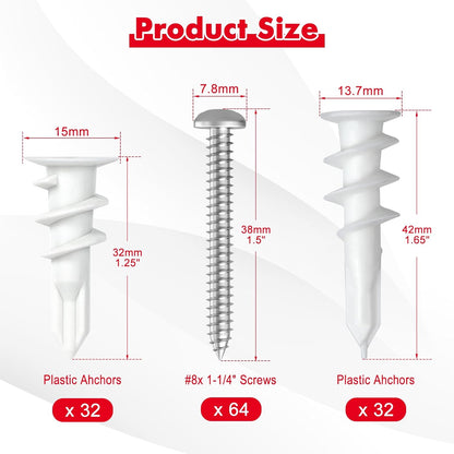Spuspk #8 Self Drilling Drywall Anchors,120Pcs Wall Anchors and Screws for Drywall, 60 Self-Tapping/Threaded Plastic Sheetrock Anchors + 60#8 x 1-1/4'' Screws, 75LB Hanging and Mounting