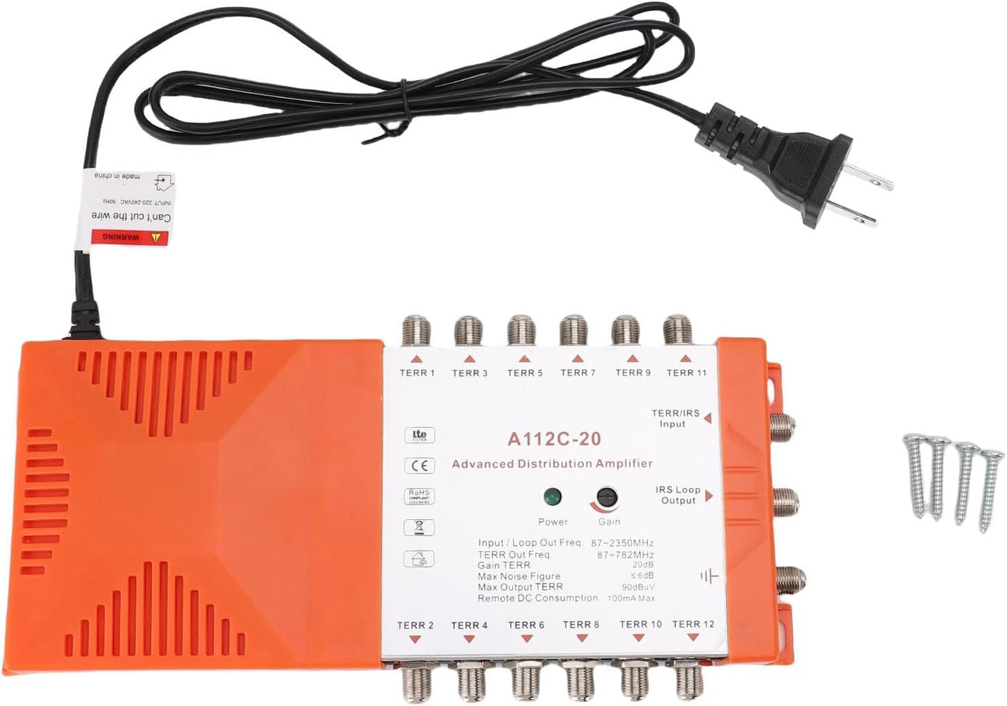 12 Channel Distribution Amplifier for TV CATV, Low Noise Figure ≤4dB, Seamless Connection to Multiple Televisions, Remote Powering, Compact Design, RED Compliant, (US Plug 110-120V)