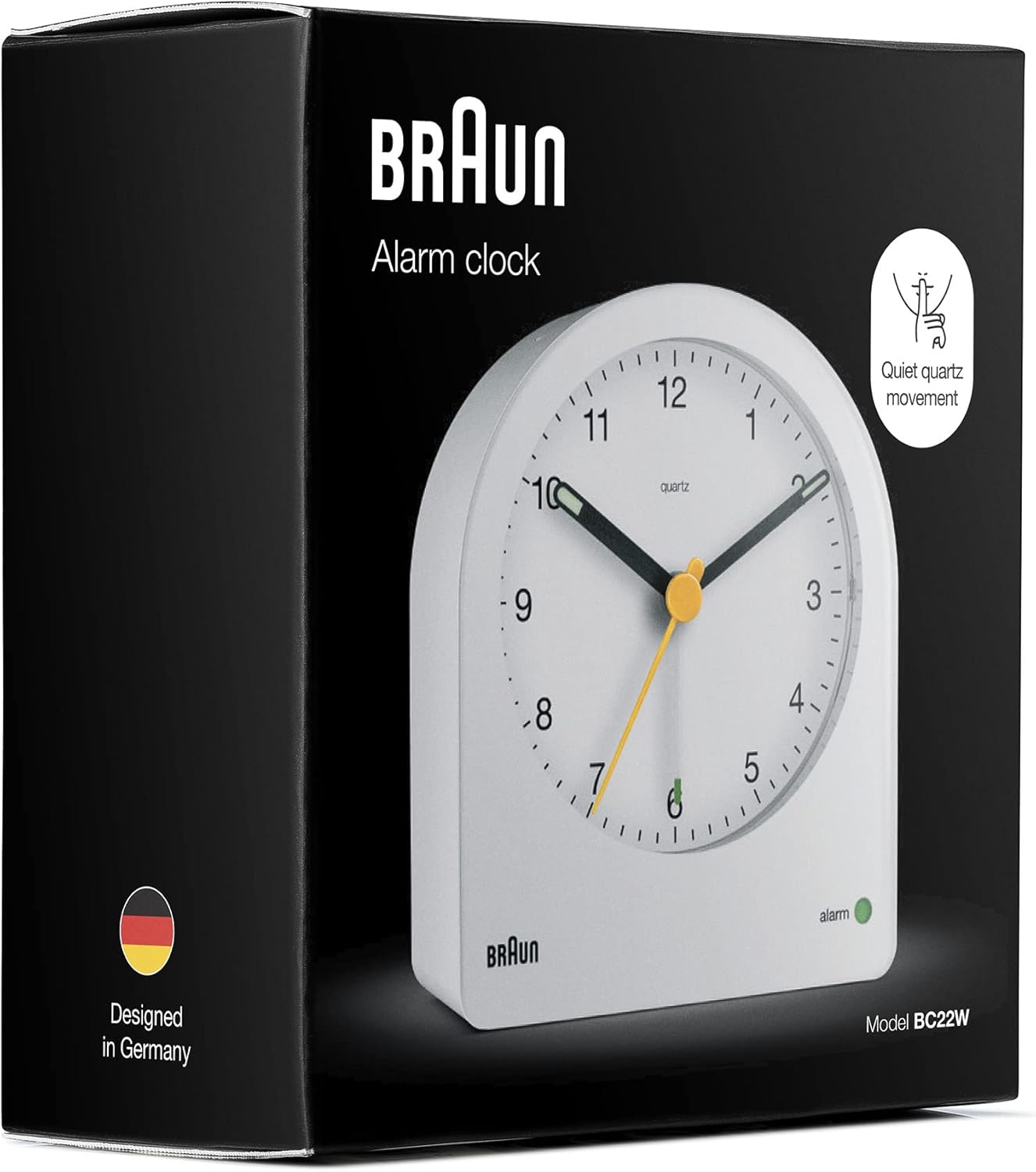 Braun Classic Analogue Alarm Clock with Snooze and Continuous Backlight, Quiet Quartz Movement, Crescendo Beep Alarm in White, Model BC22W.