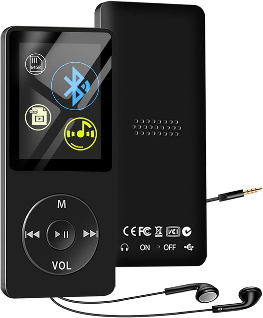 64GB MP3 Player with Bluetooth, SKYBESS HiFi Lossless MP3 Music Players with HD Speaker, FM Radio, Video, Voice Recorder, Alarm Clock Function, Including Earphones, Supports Random Playback