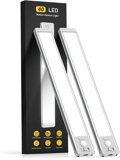 Under Cabinet Lights, 63 LED Rechargeable Battery Operated Motion Sensor Light Indoor, 2 Pack Magnetic Dimmable Closet Lights, Wireless Under Counter Lights for Kitchen, Stairs,Hallway