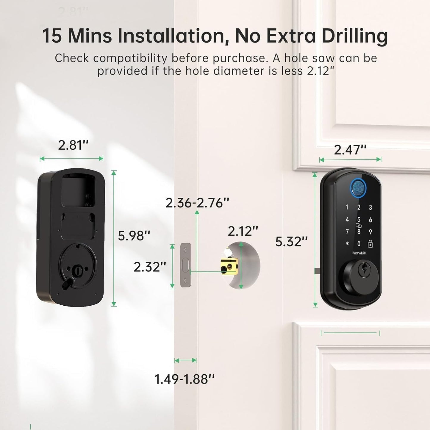 Hornbill Smart WiFi Front Door Lock: Keyless Entry Fingerprint Deadbolt - Alexa Bluetooth Electronic Keypad Door Locks for House Apartment Auto Lock Smart Life APP Remote Control - Black