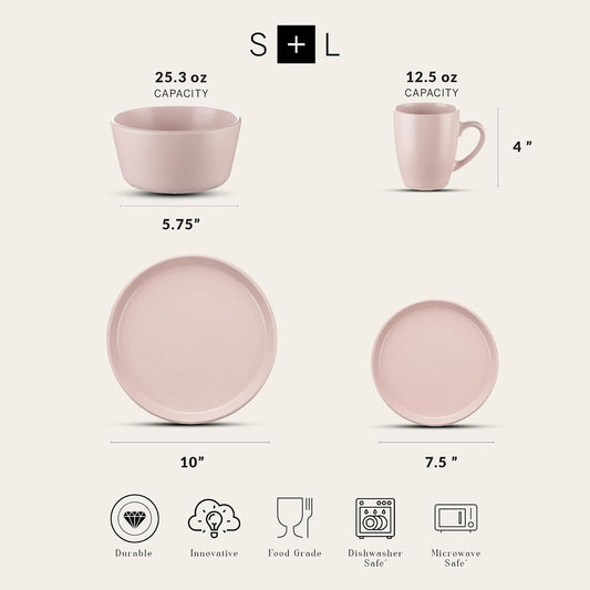 Stone Lain 16 Piece Stoneware Round Dinnerware Set, Pink