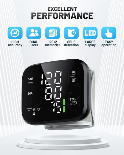 Blood Pressure Monitor LED Backlit Display Automatic Wrist Cuff Blood Pressure Monitors for Home Use 120x2 Reading Memory with Carrying Case, Black