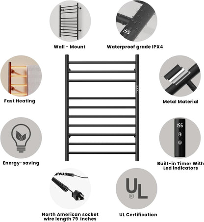 POPFLY Heated Towel Rack, Wall Mounted Electric Hot Towel Warmer, 4-Bar 304 Stainless Steel Small Heated Towel Warmer Rack for Bathroom with Timer and Temperature Control, Brushed