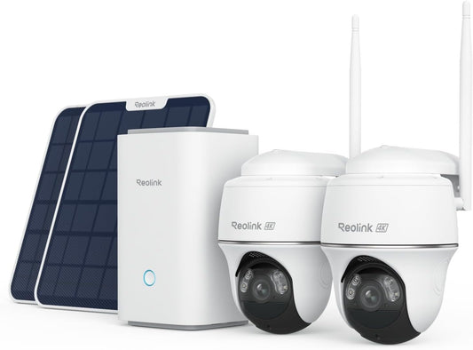 REOLINK 4K Solar Wireless Outdoor Security Cameras System, 2-Cam Kit, Encrypted 1 Year Local Storage, 360° PTZ for Home Security, 5G/2.4G WiFi, No Monthly Fee, Home Hub with 2X PT Ultra + Solar Panel