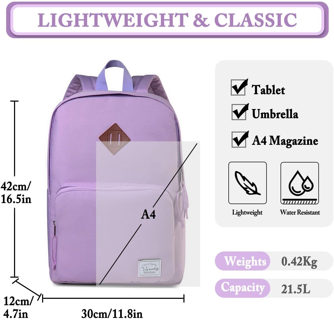VASCHY Lightweight School Backpack for Women with Sleeve for 14" Laptop
