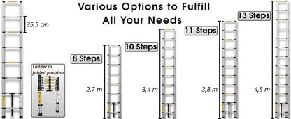 Collapsible Extension Ladder 9 ft – Compact, Lightweight & Durable for Home & Work - Portable Climbing Ladders 2.7 m - Multi-Purpose 8 Step Ladders - Foldable, Heavy Duty, Certified