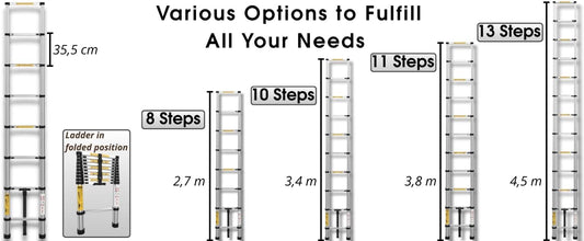 Collapsible Extension Ladder 9 ft – Compact, Lightweight & Durable for Home & Work - Portable Climbing Ladders 2.7 m - Multi-Purpose 8 Step Ladders - Foldable, Heavy Duty, Certified