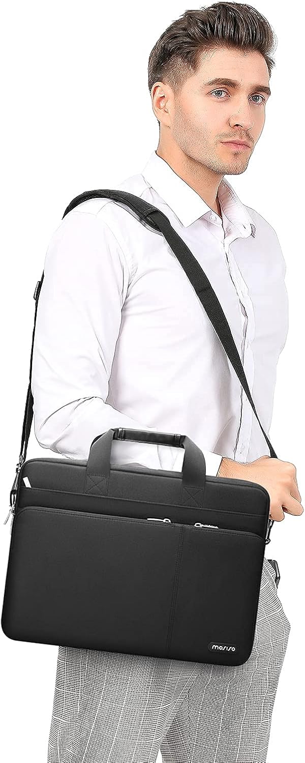 MOSISO 360 Protective Laptop Shoulder Bag Compatible with MacBook Pro 16 2023-2019 M2 A2780 M1 A2485 Pro/Max A2141,15-15.6 inch Notebook,Polyester Sleeve with 3 Front Pockets&Fix Handle&Belt,Black - PuriLite