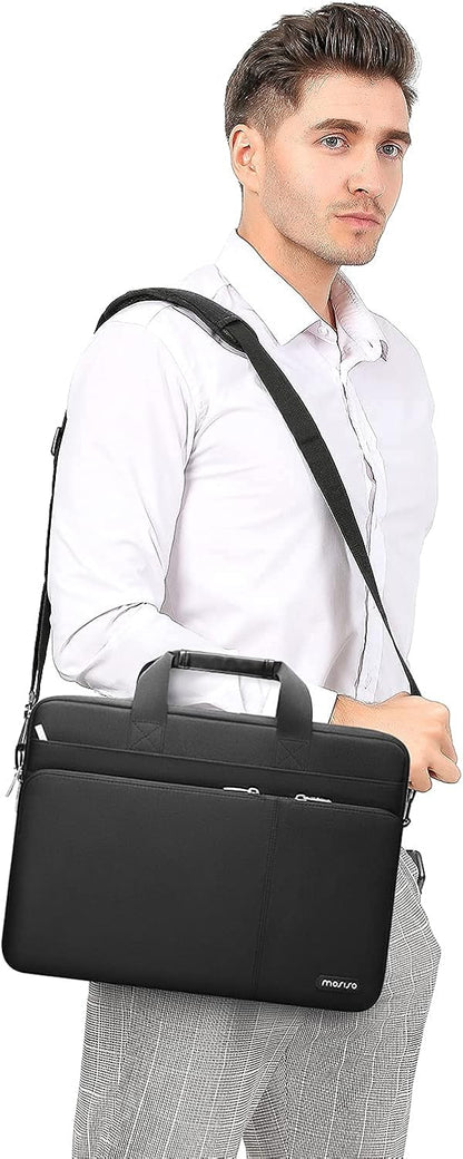 MOSISO 360 Protective Laptop Shoulder Bag Compatible with MacBook Pro 16 2023-2019 M2 A2780 M1 A2485 Pro/Max A2141,15-15.6 inch Notebook,Polyester Sleeve with 3 Front Pockets&Fix Handle&Belt,Black - PuriLite