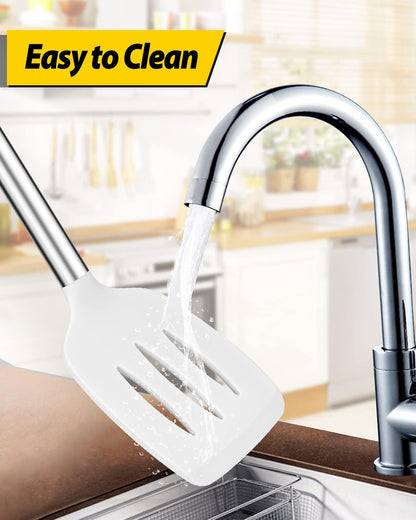 Pack of 2 Silicone Slotted Spatula,Non Stick Solid Kitchen Turner, High Heat Resistant BPA Free Cooking Utensils for Fish, Eggs, Pancakes（Black